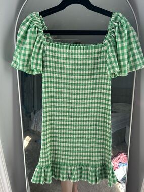 Green Gingham Smocked Puff-Sleeve Dress